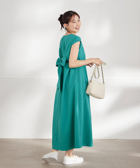 ウエストリボンフレンチスリーブマキシワンピース