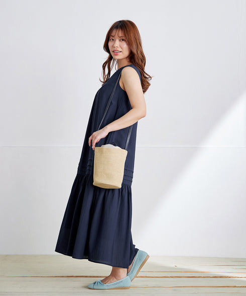 【洗える】麻調ピンタックロングワンピース