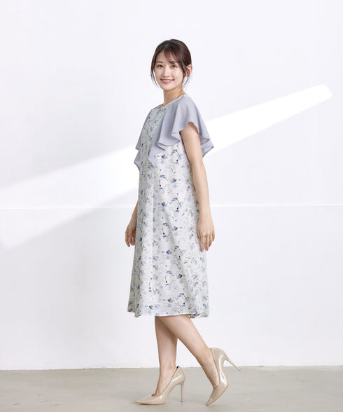 【アウトレット】フレアスリーブ花柄サックワンピース