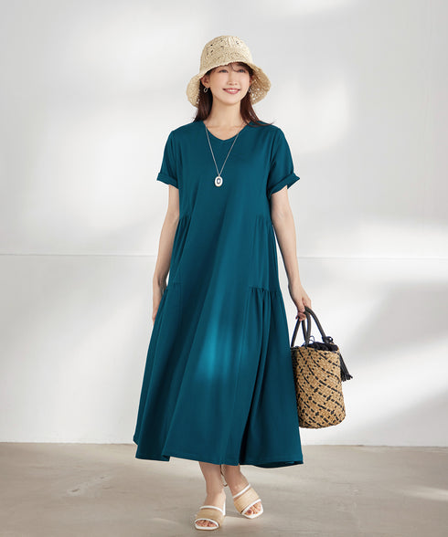 【小倉優子さん着用・洗える・接触冷感・汗ジミ防止】“サマさまカットソー”サイドティアードワンピース