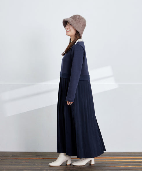 肩ビジュー裏起毛ドッキングワンピース