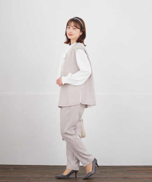 【ブラウス&ベスト&パンツ3点セット】リボンタイブラウス+ベスト付き 3点セットアップ