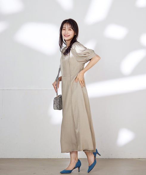 【アウトレット】パフスリーブ配色ステッチワンピース