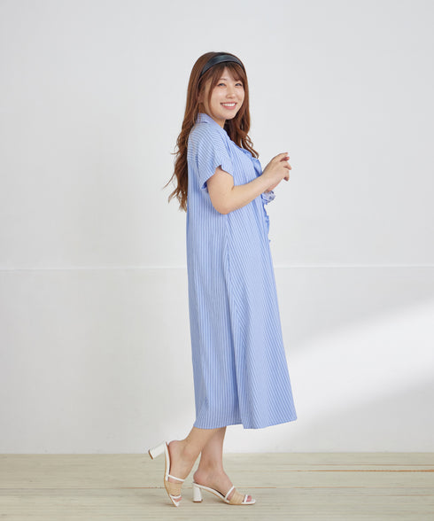 ストライプフリルシャツワンピース