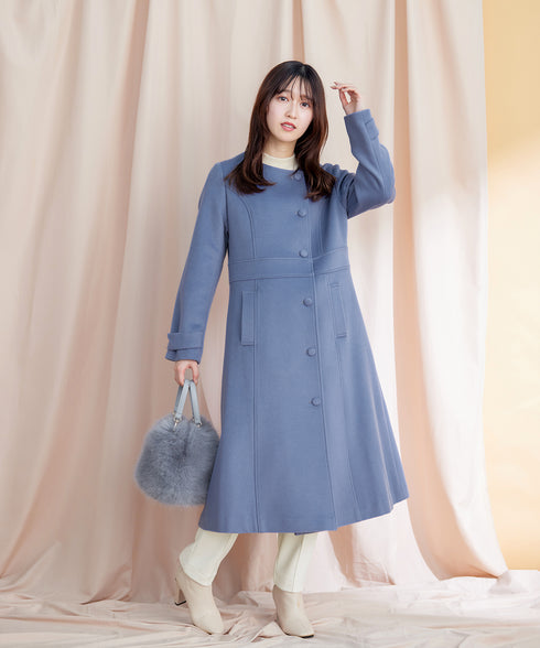 【ウール95%】ノーカラー包みボタンAラインコート