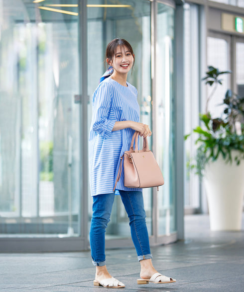 【アウトレット】リボンスリーブストライプチュニックブラウス