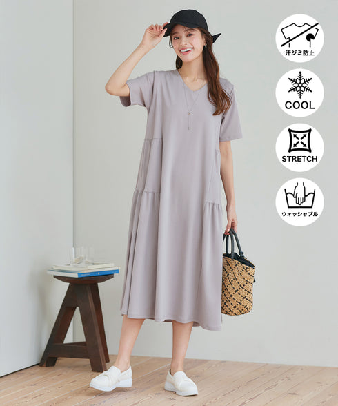 【小倉優子さん着用・洗える・接触冷感・汗ジミ防止】“サマさまカットソー”サイドティアードワンピース