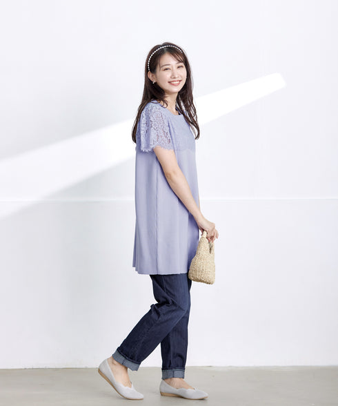 レースコンビフレンチスリーブニットチュニック