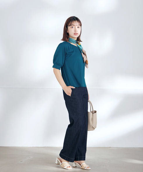 【洗える・接触冷感・汗ジミ防止】“サマさまカットソー”パール付きパフスリーブトップス