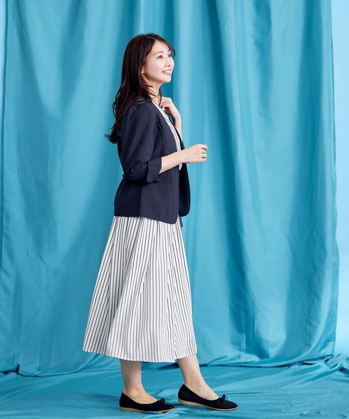 【2WAY】バンドカラーストライプリボンワンピース