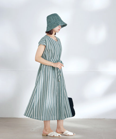 麻調前開きフレンチワンピース