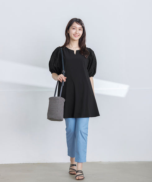 【2TYPE/総レース・袖レース】パンチングレースパフスリーブチュニックブラウス
