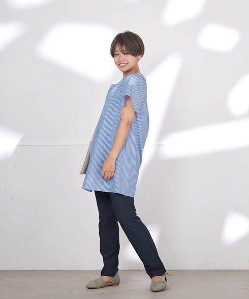 【アウトレット】ストライプフレアスリーブチュニックブラウス