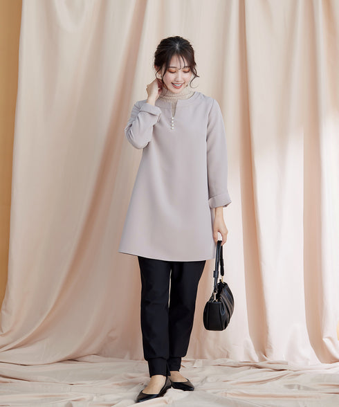 ダブルストレッチ│スキッパーパールチュニックブラウス