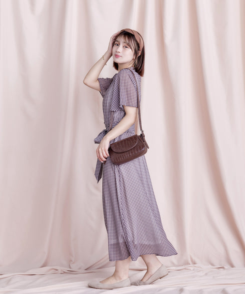 【新色追加】チェック柄フレア袖シアーワンピース