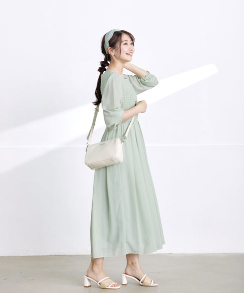 【アウトレット】シャーリングパフスリーブシアーワンピース