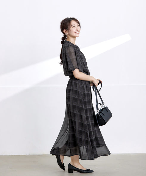 【新色追加】チェック柄フレア袖シアーワンピース