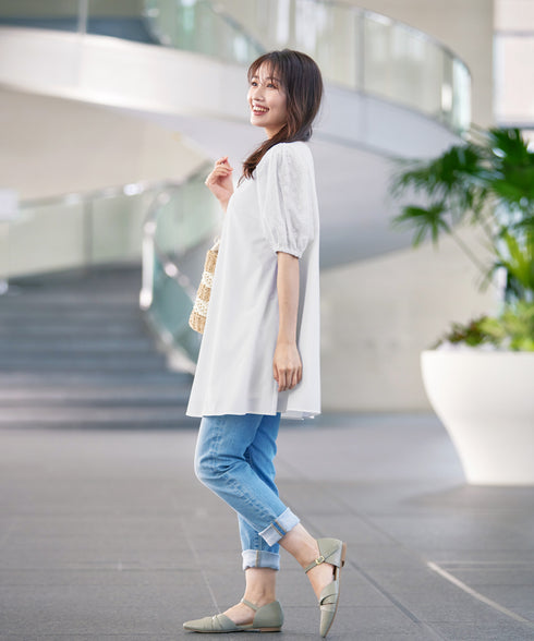 【2TYPE/総レース・袖レース】パンチングレースパフスリーブチュニックブラウス