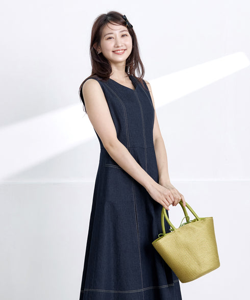 【アウトレット】デニムタックフレアワンピース