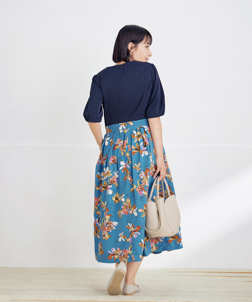 フラワープリントドッキングワンピース