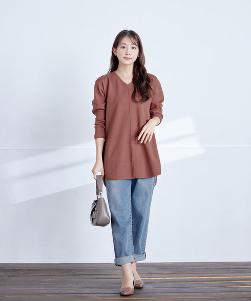 【安田美沙子さん着用】シンプルできれいシルエット、ラウンドヘムニットチュニック