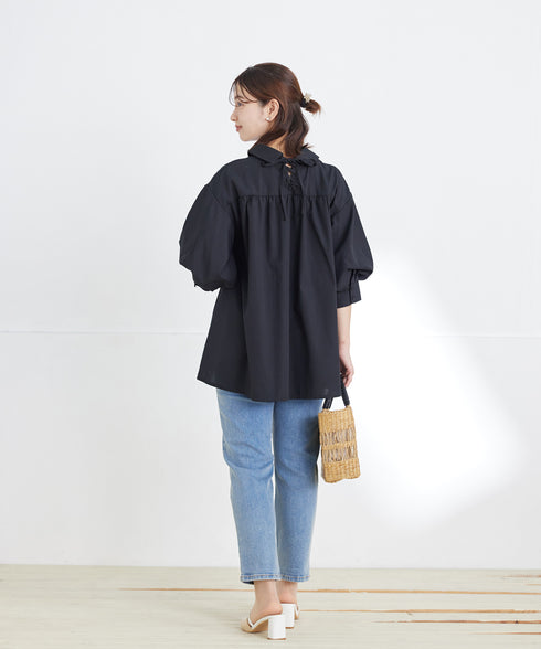 綿混ローン袖バルーンブラウス