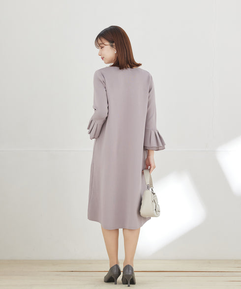 シフォンフレア袖スポンジニットワンピース