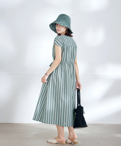 麻調前開きフレンチワンピース