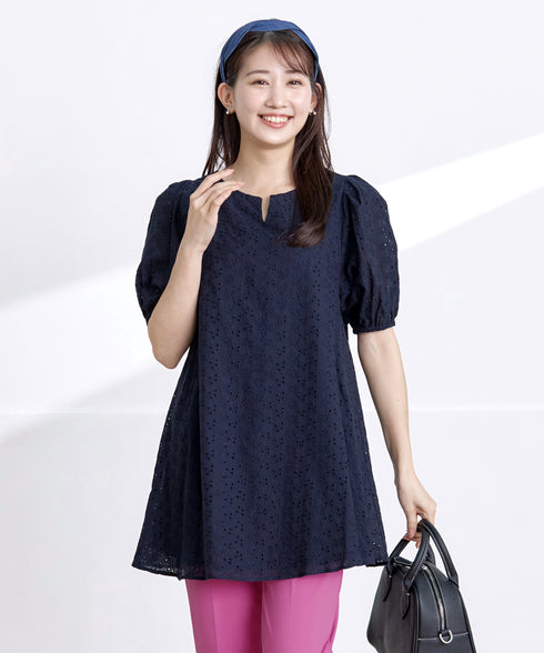 【2TYPE/総レース・袖レース】パンチングレースパフスリーブチュニックブラウス