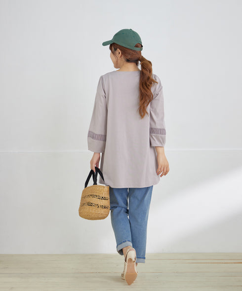 ランタンパフ袖カットソー切替チュニック