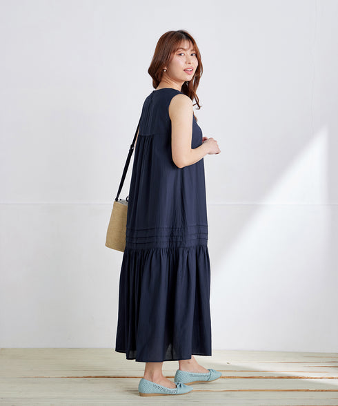 【洗える】麻調ピンタックロングワンピース