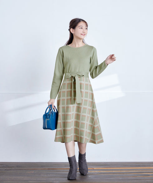 【クリアランスセール】リボンベルト付きチェック柄ニットワンピース