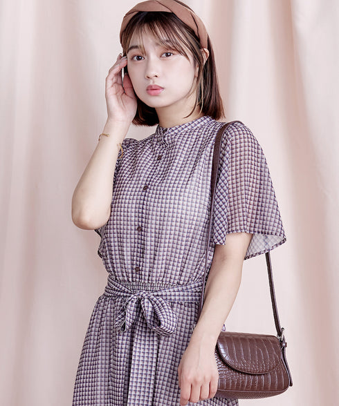 【新色追加】チェック柄フレア袖シアーワンピース
