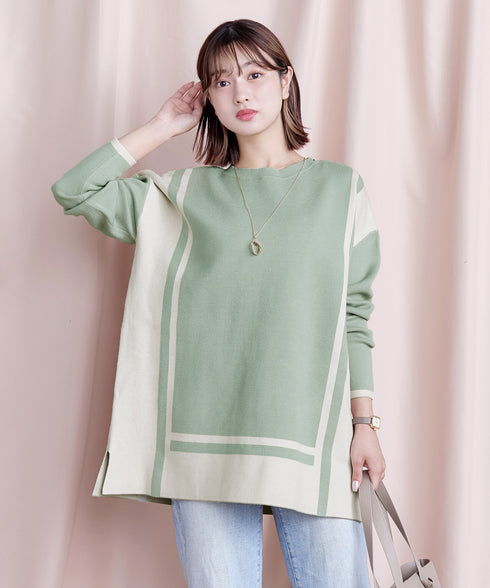 配色ニットチュニック