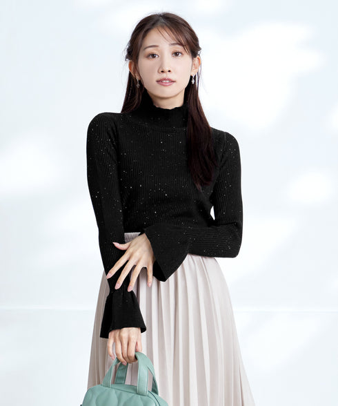 【クリアランスセール】スパンコールハイネックリブニットトップス