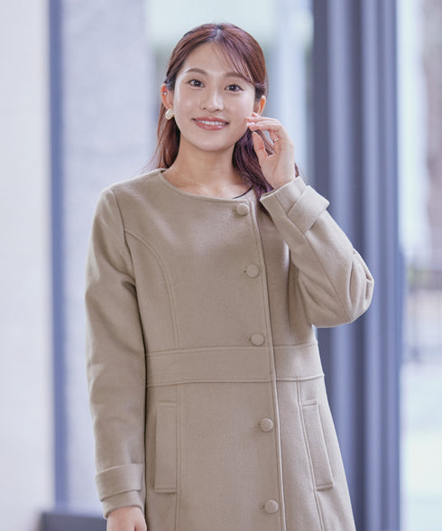 【ウール95%】ノーカラー包みボタンAラインコート