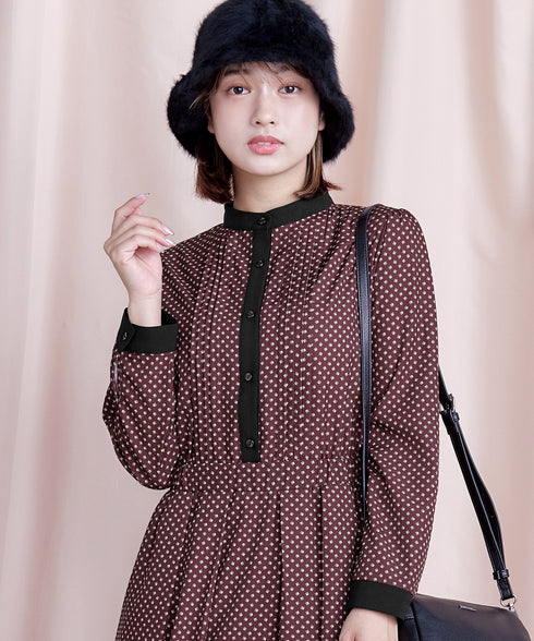 【新色追加】配色バンドカラー幾何学柄ワンピース