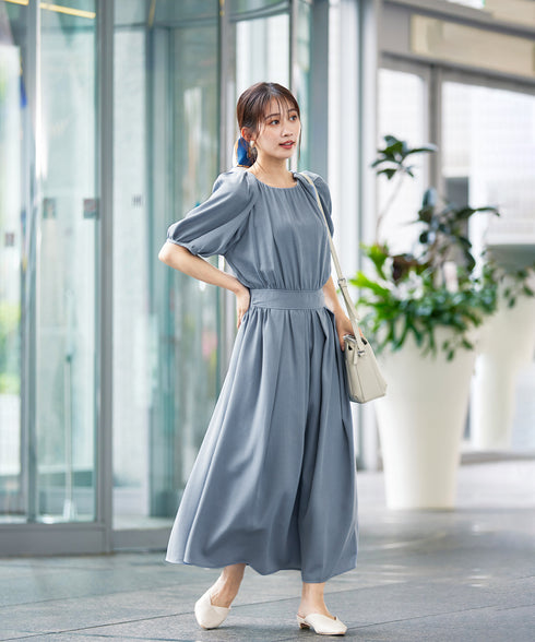 【アウトレット】麻調ギャザーフレアワンピース