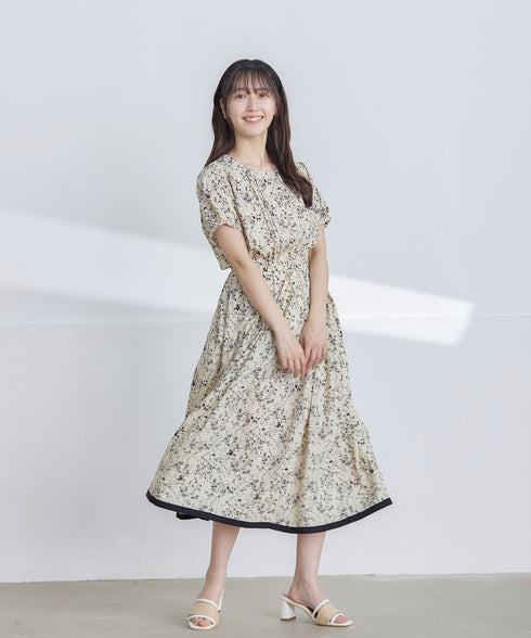 【アウトレット / 袖が選べる】配色モノクロ花柄ワンピース