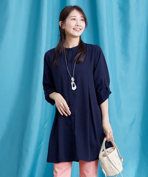 【新色追加】 バンドカラーシャツチュニックブラウス