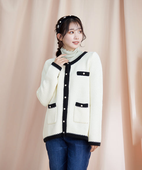 【アウトレット】ミドル丈配色ノーカラーニットジャケット