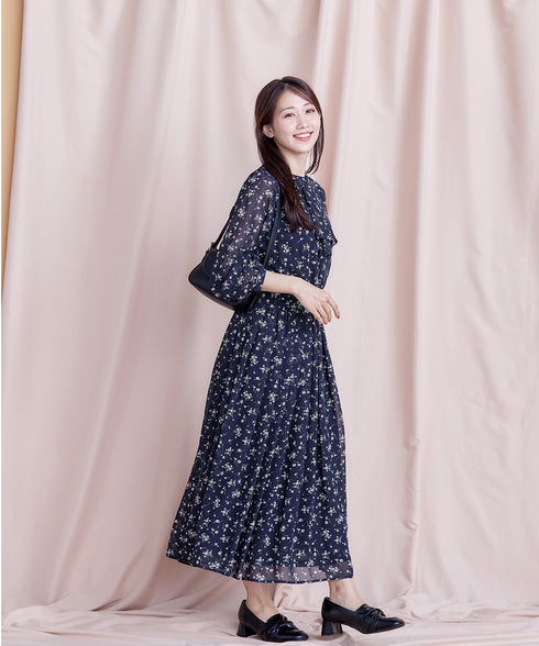 【新色追加】花柄フリルドレープワンピース