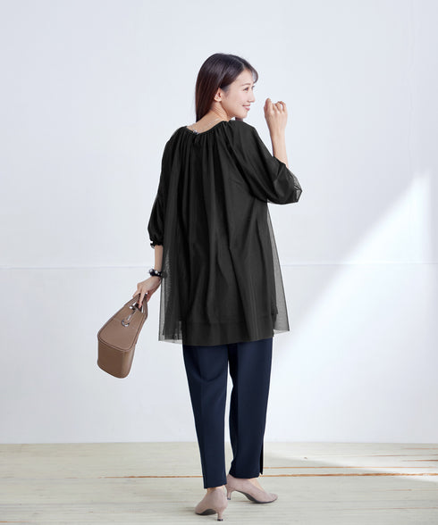 【ストレッチジョーゼット】 スリットテーパードパンツ