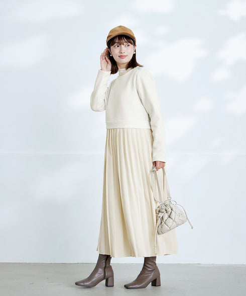 肩ビジュー裏起毛ドッキングワンピース