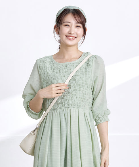 【アウトレット】シャーリングパフスリーブシアーワンピース