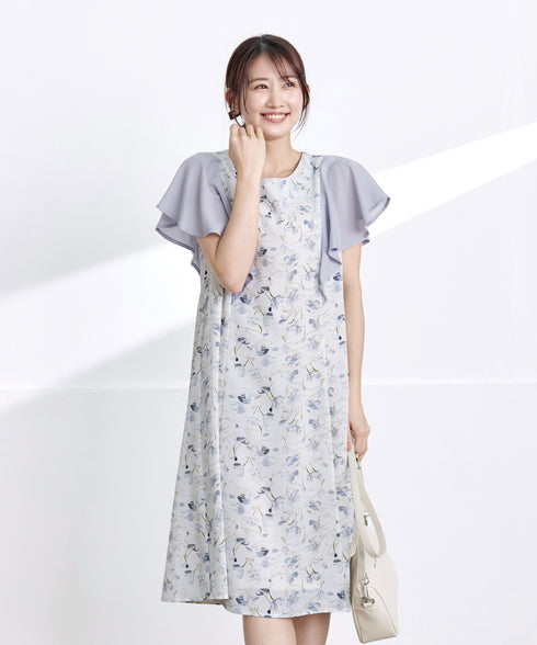 【アウトレット】フレアスリーブ花柄サックワンピース