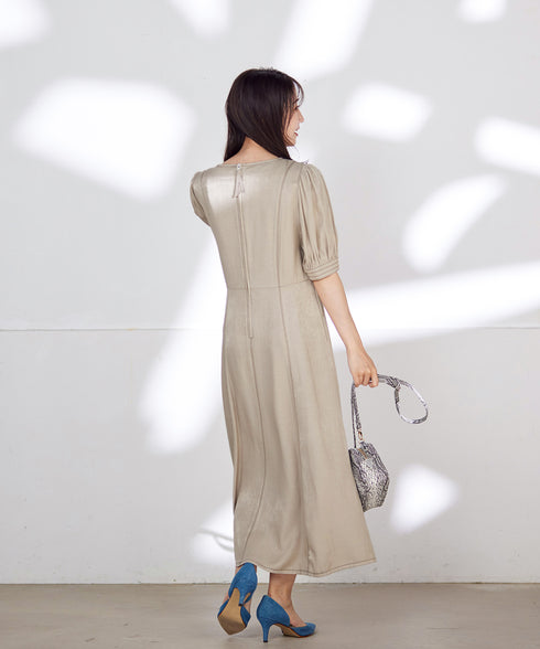 【アウトレット】パフスリーブ配色ステッチワンピース