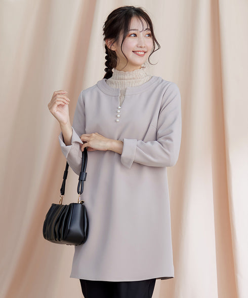 ダブルストレッチ│スキッパーパールチュニックブラウス