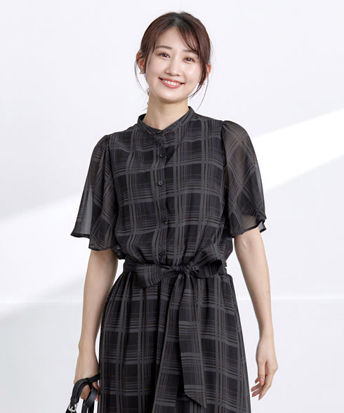 【新色追加】チェック柄フレア袖シアーワンピース