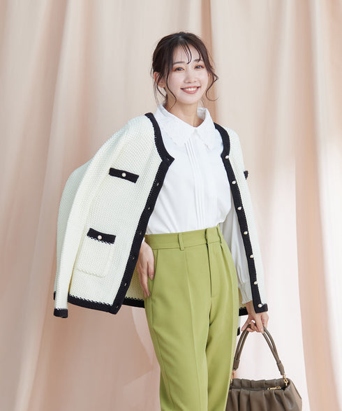 【アウトレット】ミドル丈配色ノーカラーニットジャケット